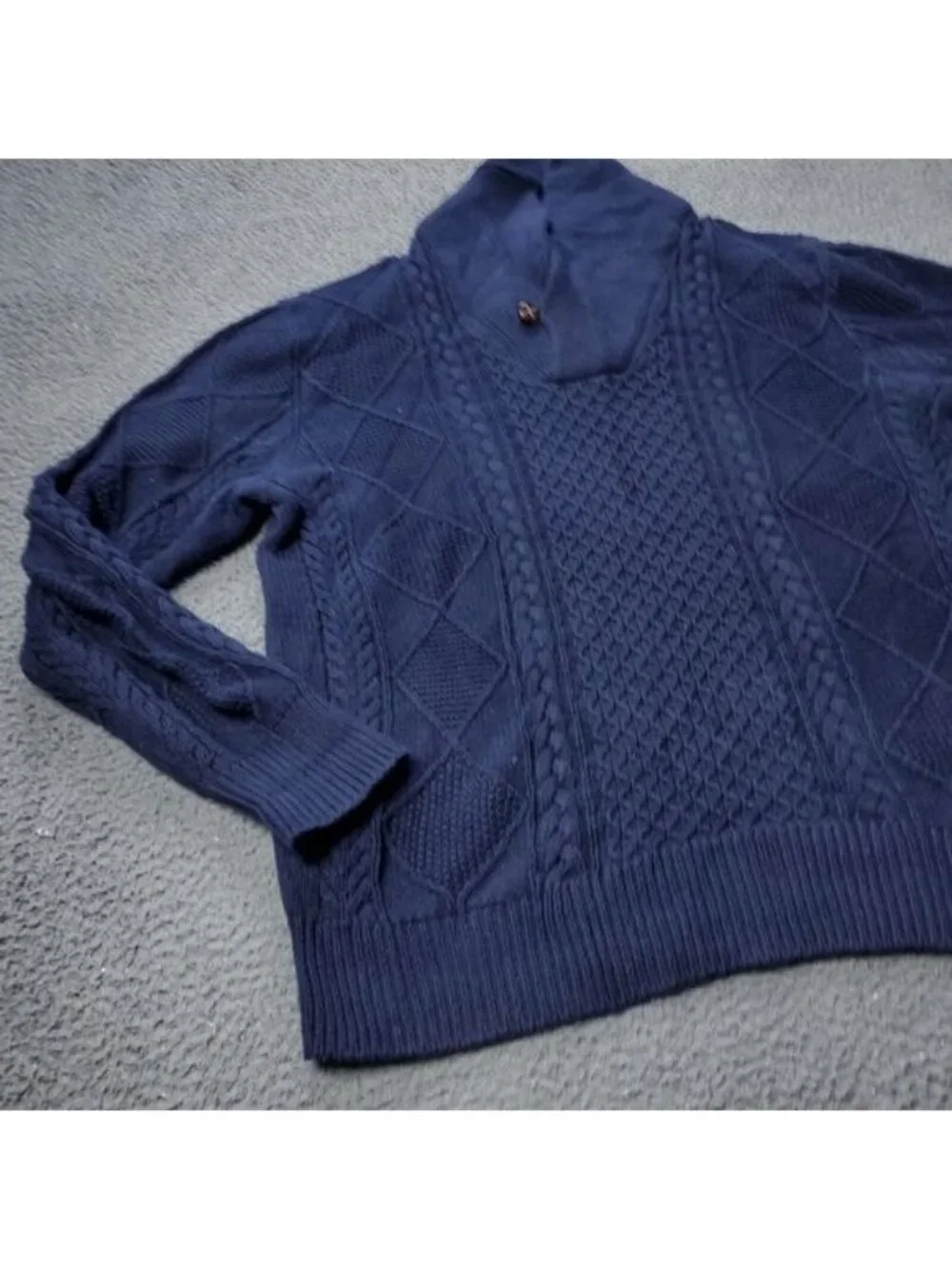J. Crew Sweater Men Large Cotton Knit Cable Fisherman Button Cowl Pullover Blue